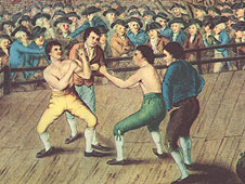 Engrafiad lliw o Humphreys a Mendoza yn paffio yn yr awyr agored - engrafiad gan T Grozer ac R Einsle yn y llyfr British Boxing, Collins
