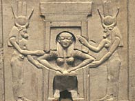 A birth relief showing the assistance of the goddess Hathor on either side