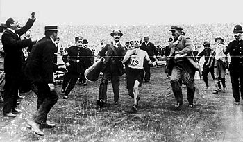 Italy's Dorando Pietri finishing the marathon