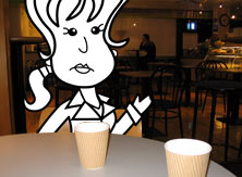 Alice in a cafe with two coffee cups