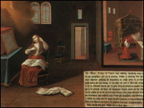 Mary Ward’s vision of God’s glory as she looks in the mirror and combs her hair. From the ‘Painted Life’, © Geistliches Zentrum Maria Ward Augsburg a