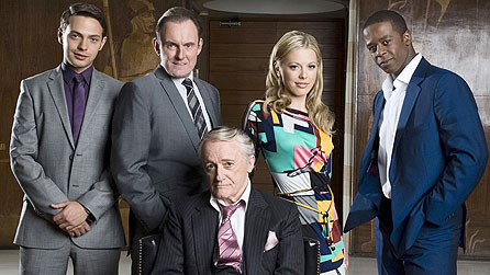 Hustle series seven. From left: Matt Di Angelo, Robert Glenister, Robert Vaughn, Kelly Adams and Adrian Lester (image: BBC/Kudos/Amanda Searle)