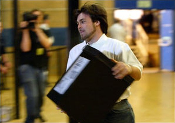 A ballot box is rushed into the Sunderland count