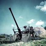 Bofors 40mm/L60 fitted with the Stiffkey Sight (Stick) being operated by the aimer No.1 standing behind the left-hand layer No.2. Further information on the history of the gun and Colonel Kerrison’s Director (Predictor) see Wikipedia, the free encyclopaedia on http://en.wikipedia.org/wiki/Bofors_40_mm_gun. Photograph reproduced with permission from Wikipedia.