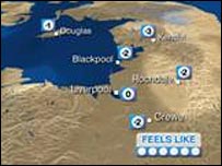 Weather map showing Feels Like temperature