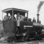 MPQ Advanced Base 1944. 345 Company's Hudswell Hunslett 0-4-0 two foot gauge steam locomotive. It pulled trains of boulders from the Dhansiri River to stone crushers on the Imphal Road. L to R Engine Driver Steam Spr Dhani Ram, Naik Nur Khan, Hav.Clk Ghulam Ahmed Nissar, Capt Alan Shaw RE