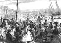 Black and white illustration showing Brighton beach in 1859