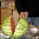 Melon being sliced with a sword