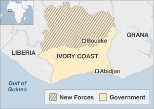Map of Ivory Coast showing areas controlled by government forces and new forces
