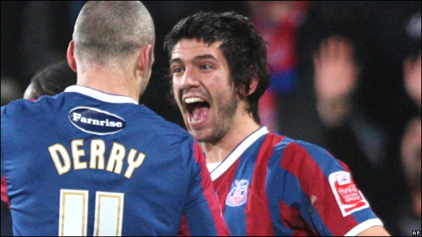 Danny Butterfield celebrates with team-mate Shaun Derry 