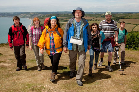 The cast of new BBC Four comedy The Great Outdoors: Stephen Wight, Katherine Parkinson, Ruth Jones, Mark Heap, Gwyneth Keyworth, Steve Edge and Joe Tracini