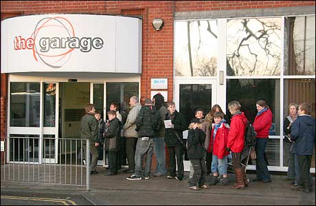 Crowds queue outside of the Garage in Norwich for Waiting for Godot auditions