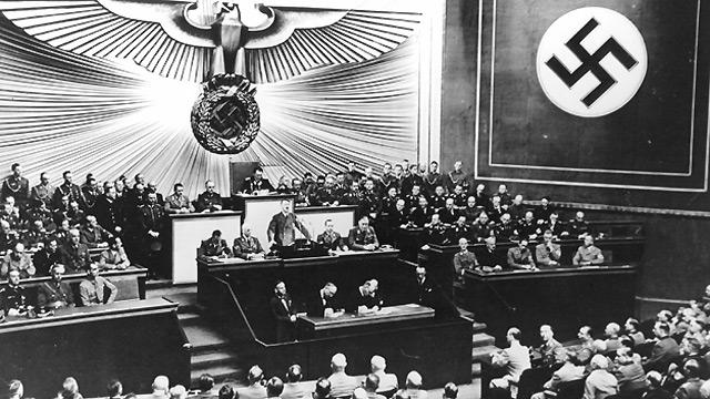Hitler giving his 'Last Appeal to Reason' speech to the German Reichstag at the Kroll Opera House in Berlin, 19 July 1940.