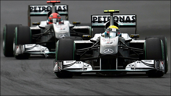 Nico Rosberg driving ahead of Mercedes team-mate Michael Schumacher