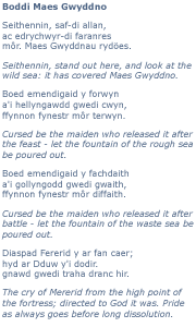 The first four stanzas of the poem 'Boddi Maes Gwyddno'