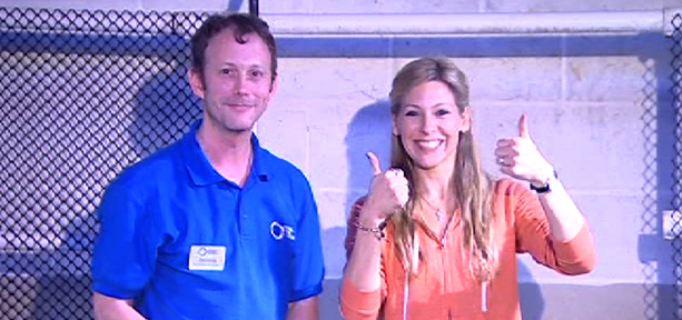 Naomi Wilkinson with James from the aquarium after feeding Snorkel the turtle