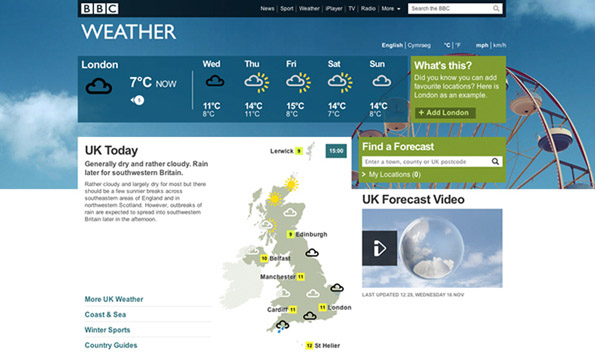Screenshot of new BBC Weather homepage