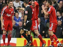 Liverpool players react to the referee's decision