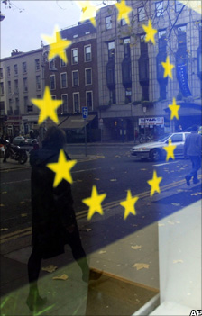 EU flag reflected on a window in Dublin