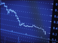 Share prices falling on a screen