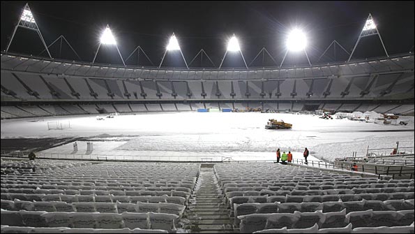 Floodlights are switched on at London's Olympic Stadium