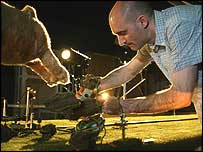 Ian at work on Were-Rabbit set - copyright Aardman