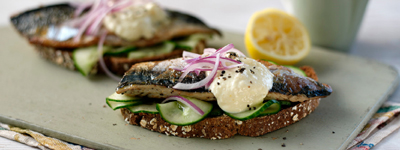 Mackerel on toast with salted cucumber and horseradish