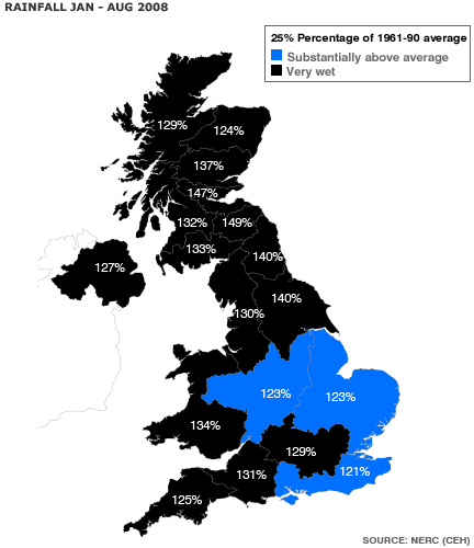Map showing rainfall from January to August 2008
