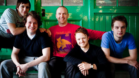 Llwyth actors Danny Grehan, Michael Humphreys, Paul Morgans, Simon Watts and Siôn Young during a rehearsal © Emyr Young