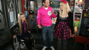Kelly (left) in a scene from Hollyoaks