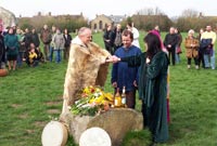 Two druids join a Pagan couple's outstretched hands in marriage at a circle of standing stones