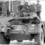 Trooper Ron Axford in the driving seat of his armoured car.Denmark 1945