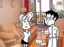 Alice, Khalid and the cat in the living room