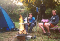 Bob and Aran setting fire to the tent