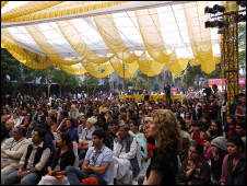The audience at a recording of The Forum at the Jaipur Literature Festival in India