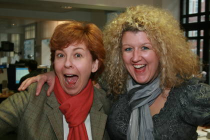 Lynn Bowles celebrates with a Children In Need volunteer