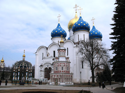 Holy Trinity Monastery, Sergiev Posad, a square white building with Russian-style blue and gold domes topped with Christian crosses
