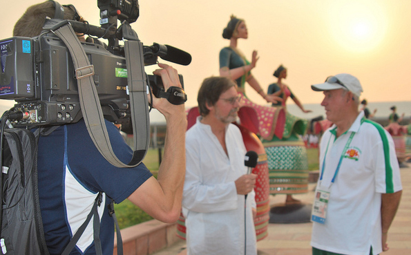 The oldest competitor in the games, Guernsey lawn bowler Don Batiste, interviewed by Roger Bara for BBC Channel Island news