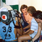 Access all areas! Jackie in the changing room, talking to legend - Pat Jennings
