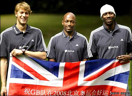 Long jumper Chris Tomlinson, sprinter Marlon Devonish and Idowu pose during a photocall 