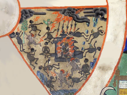 A section of the wheel diagram shows the abode of the hungry ghosts. They are misshapen figures with huge bellies and tiny mouths. They are suffering