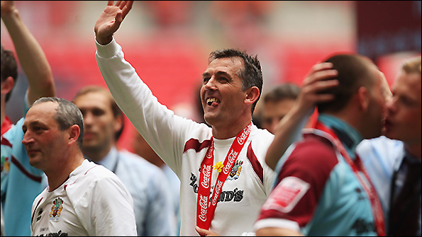 Owen Coyle celebrates Burnley's 2009 Championship play-off final victory at Wembley.