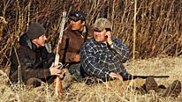 Bruce Parry with Gwich'in hunters Robert Kay and Peter Frost waiting for caribou near Old Crow