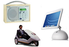 images of innovation - an apple computer, a Sinclair C5 personal transporter and an Evoke digital radio.