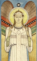 A winged angel dressed in white with halo, head bowed