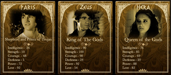 Paris, Zeus and Hera info cards