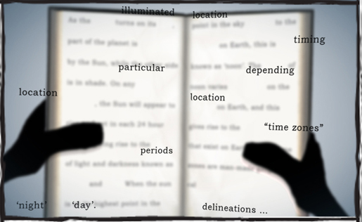 hands holding book with lots of words