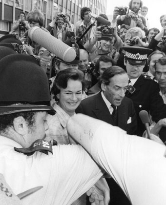 Jeremy Thorpe leaving Old Bailey