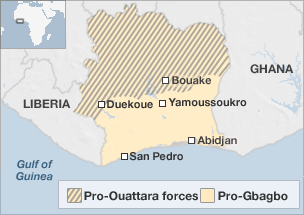 A map showing the areas of Ivory Coast controlled by Alassane Ouattara and those controlled by Laurent Gbagbo.