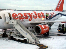 Easyjet plane being de-iced at 09:00hrs